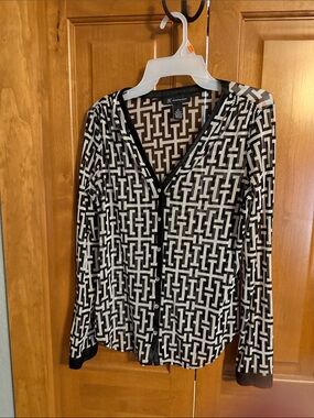 INC International Concepts Black and White Geometric Button-Down Top